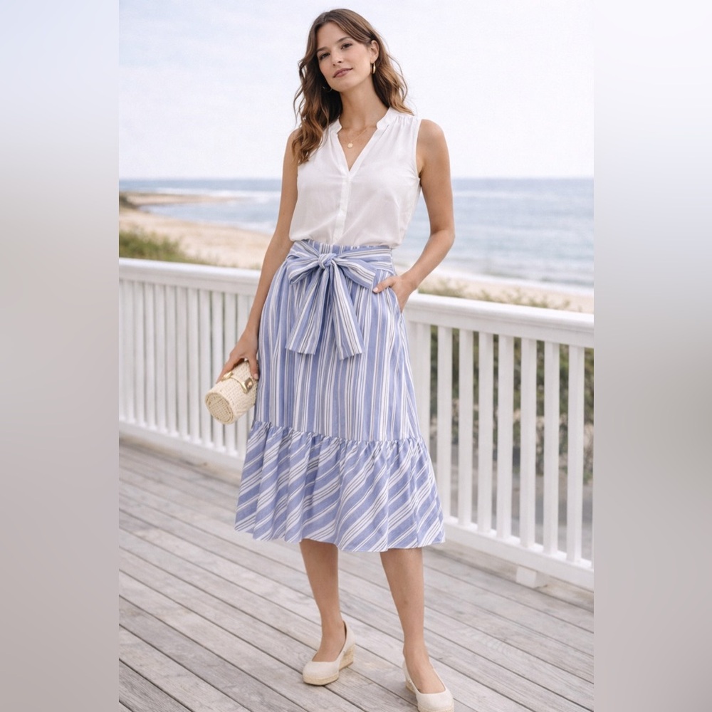 J. Crew Blue White Striped Midi Skirt Bow Waist Ruffle Hem Preppy Coastal Size 4